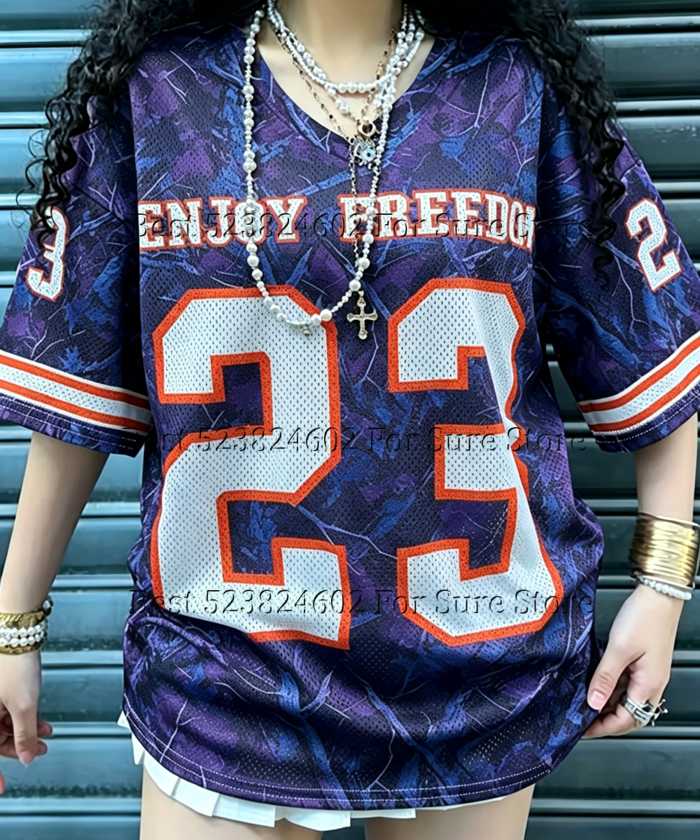 T-shirt à manches courtes pour femme en jersey maille graphique camouflage Realtree vintage 23, style uniforme de baseball décontracté ample hip-hop streetwear