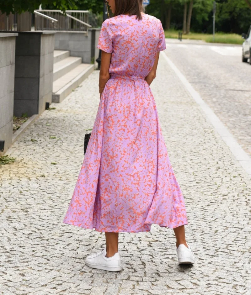 Robe ample décontractée à la mode pour femmes, cravate florale, col en v, imprimé fendu, manches courtes, longue robe