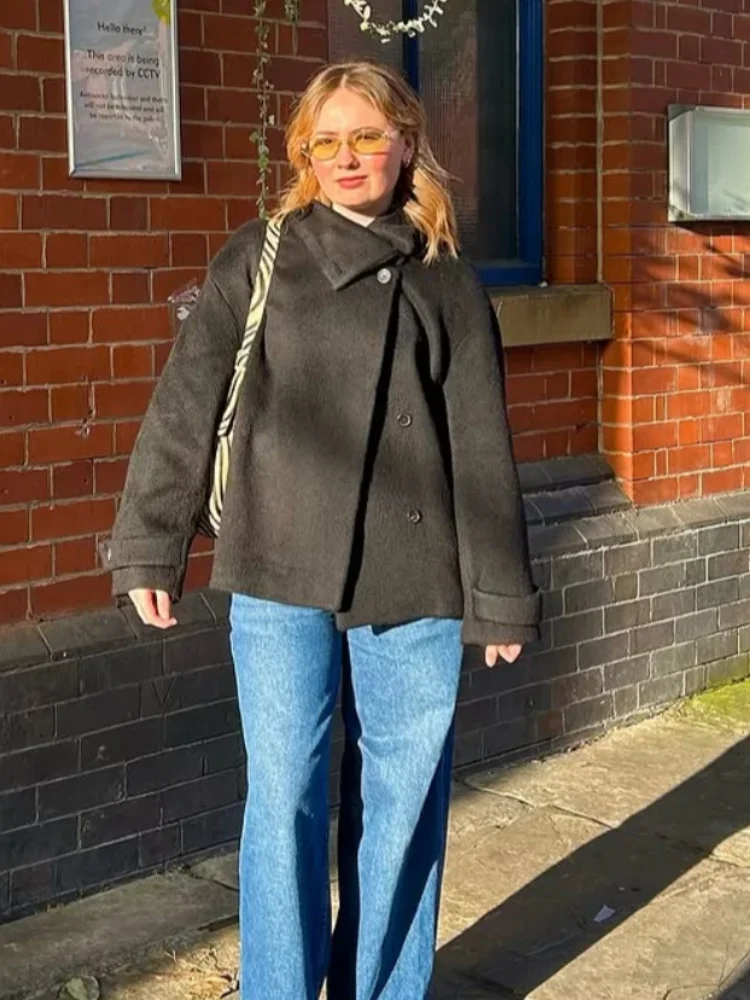 Femmes mode solide laine manteaux décontracté col haut manches longues simple boutonnage ample recadrée manteau dame rue loisirs vêtements d'extérieur