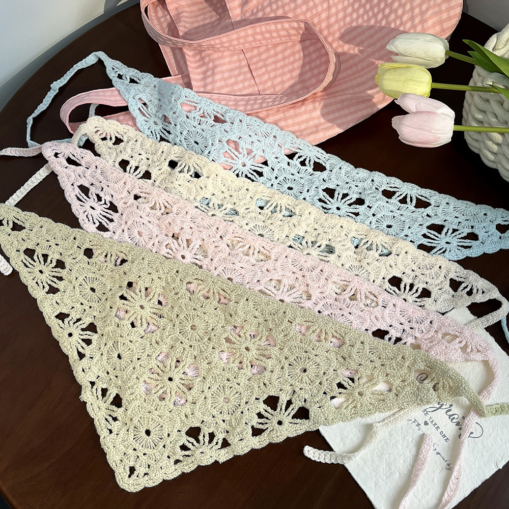 Foulard tricoté tendance pour femme, style pastoral français, bandeau triangulaire, bandeau au crochet fait main, foulard rétro à fleurs