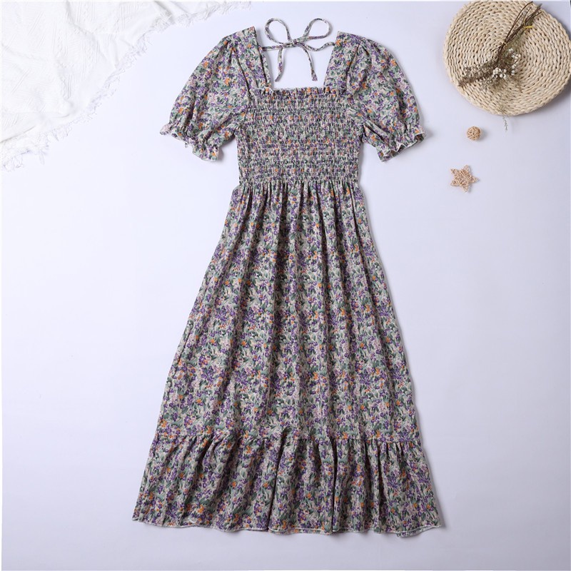 Robe d'été plissée en mousseline de soie pour femmes, tenue décontractée, plage, vacances, manches courtes, col carré, mi-longue, style bohème