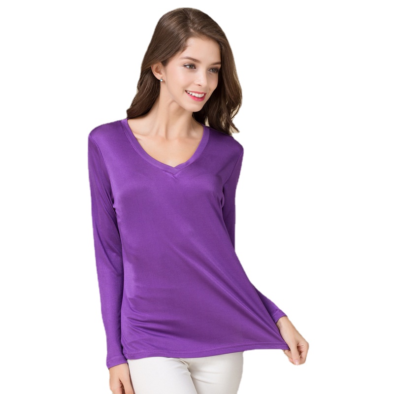 Femmes véritable soie à manches longues T-shirt décontracté tricoté chemises confortable respirant lâche T-shirts hauts T-shirts 61057