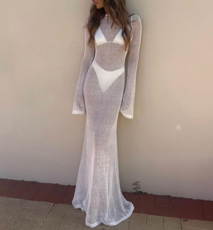 Robe de plage longue tricotée pour femmes, cover-up, sexy, bikini, vêtements de plage, crochet, dos nu, manches longues, amissié, maillot de bain