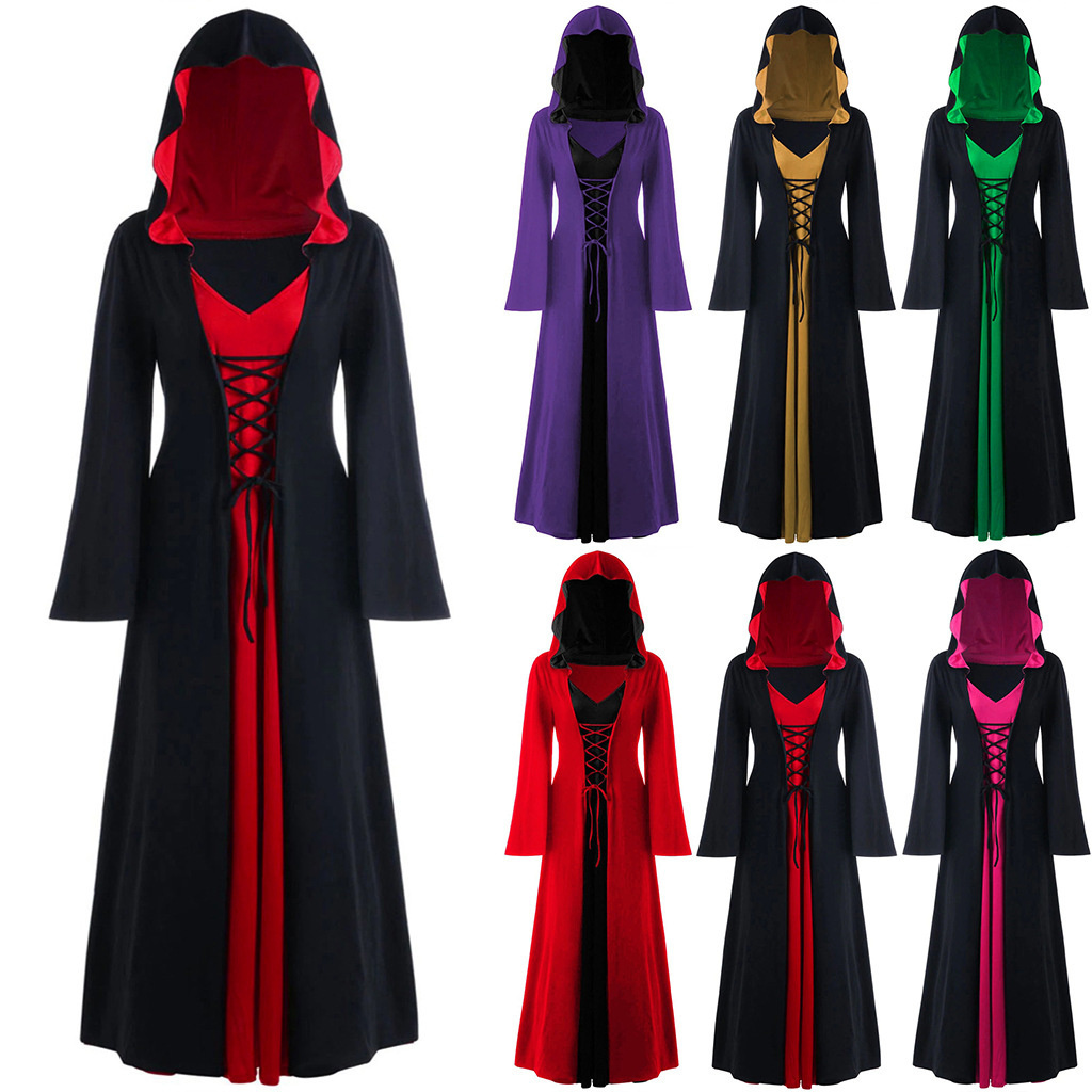 Robe Longue Vintage à Capuche et à Lacets pour Femme Adulte, Costume Rétro, Cosplay, Halloween, Effrayant, Vampire, Sorcière