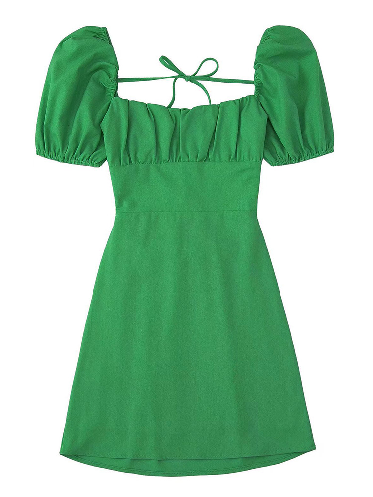 Robe en lin mélangé blanche, à la mode, pour femmes, avec un décolleté carré, de courtes manches bouffantes et un dos nu, ainsi que des bretelles croisées.