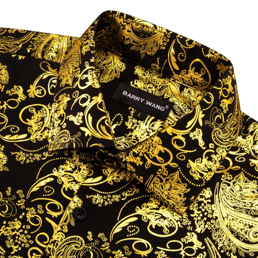 InjShirts de Luxe à Manches sulfpour Homme, Broderie Florale Noire et Dorée, Coupe Ajustée Régulière, Revers