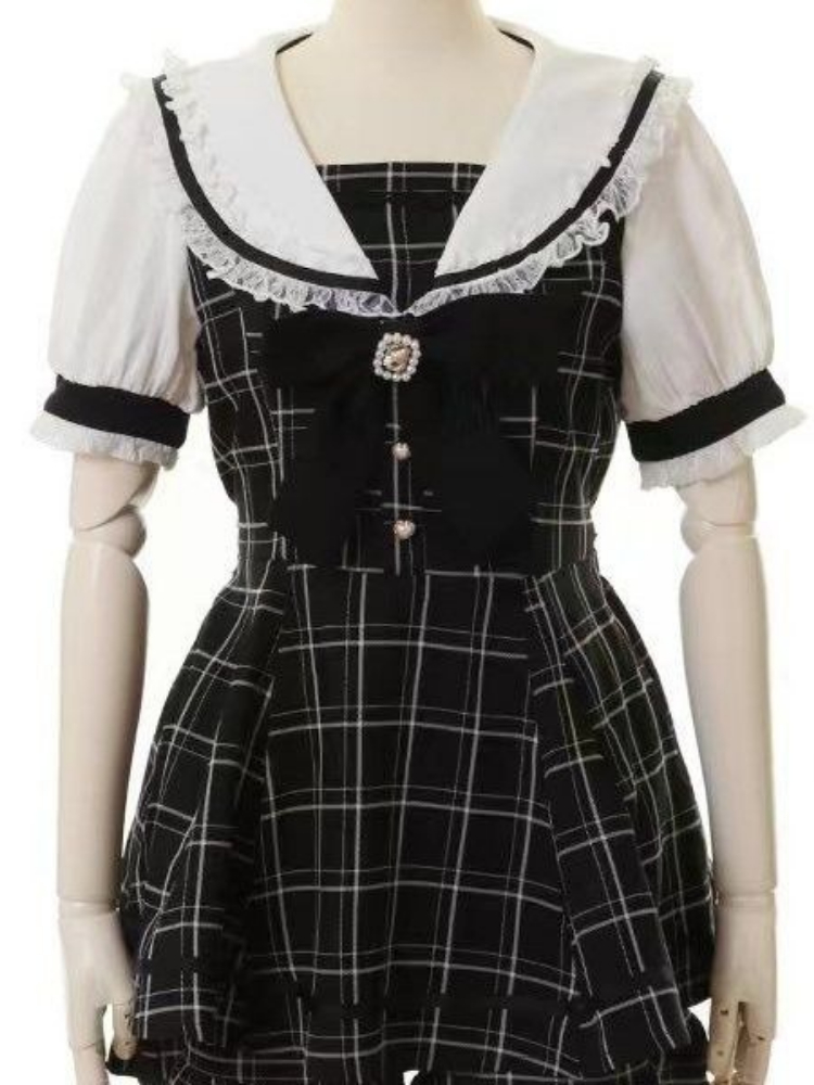 Robe japonaise faux deux pièces à carreaux pour femmes, en dentelle, Patchwork, fée Grunge, manches bouffantes, Y2k, esthétique JK, nœud doux