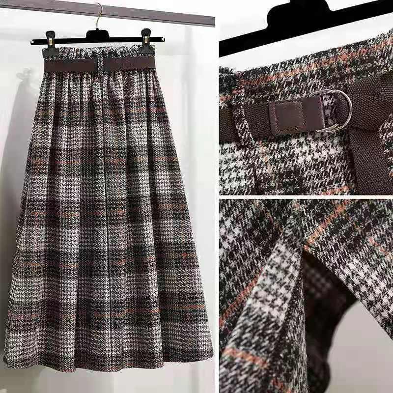 Jupe femme grande taille Tweed Plaid automne hiver a-ligne mi-longue plissée irrégulière Vintage vêtements taille haute jupe parapluie