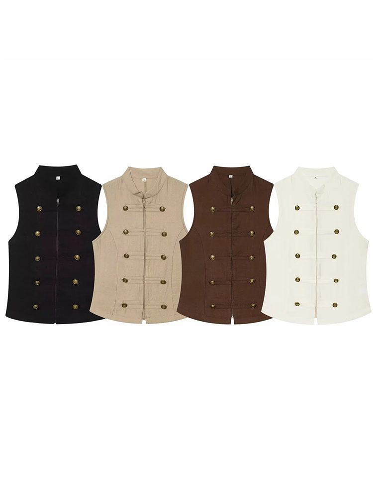 Blouse Chic Décontractée Vintage pour Femme, Col Rond, Double Boutonnage, Sans Manches, Tendance Été, Hauts de Vacances