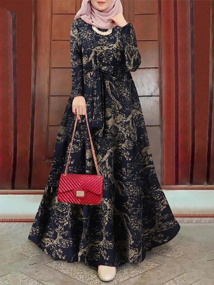 Robe musulmane à manches longues et col rond pour femmes, caftan décontracté, dubaï, abaya imprimé, patchwork, ramadan, maroc