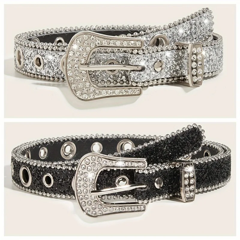 Ceinture pour femme en cuir PU, ornée de strass, pour club, soirée, style rétro américain, punk, mode Y2K, ceinture scintillante