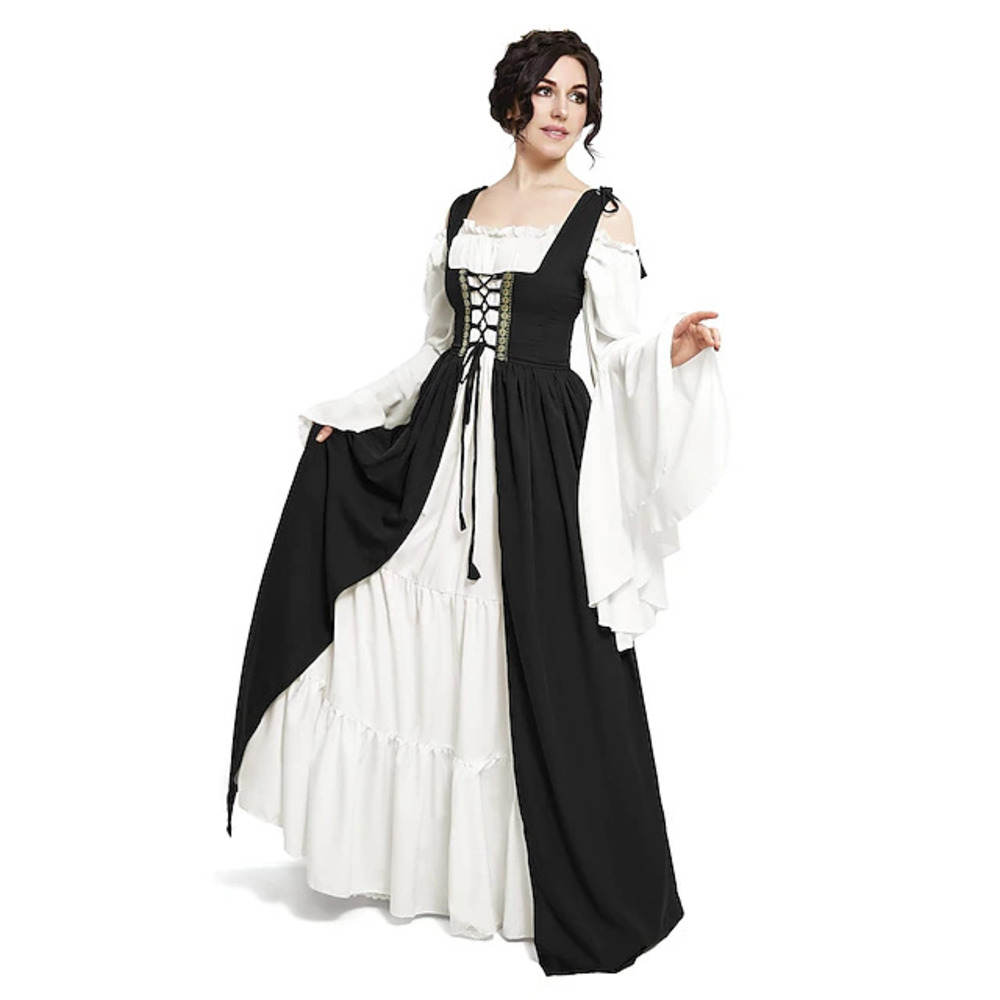 Robe corset de style cour médiévale à manches longues avec manches chauve-souris épaules dénudées et jupe longue évasée pour femme