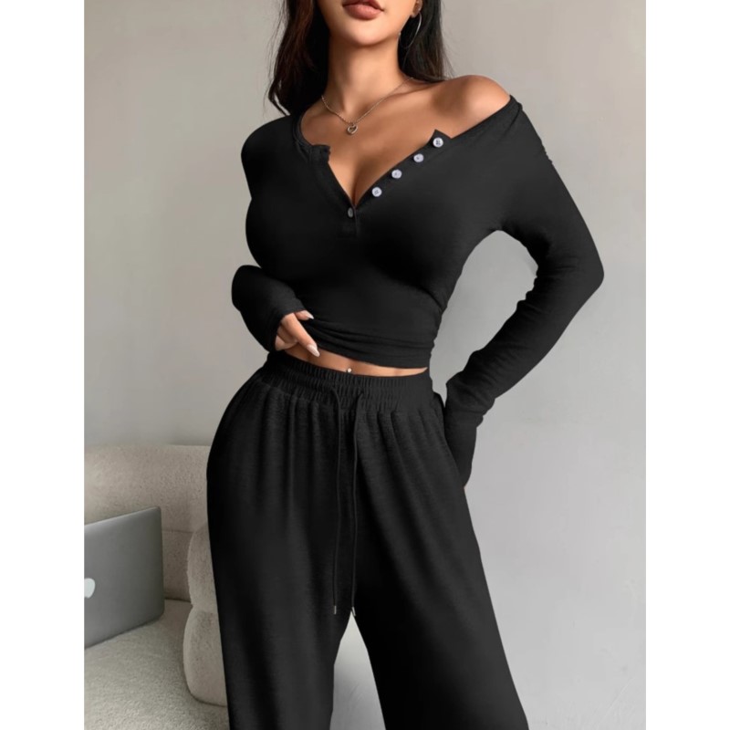 Ensemble 2 pièces pour femme, tenue décontractée et élégante, haut à manches longues boutonné de couleur unie, pantalon taille haute, printemps automne