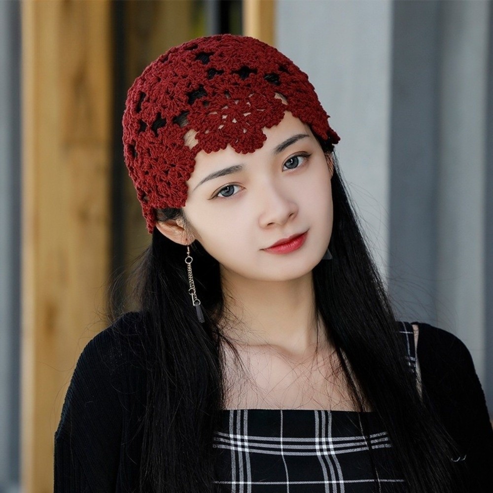 Bonnet en crochet style ethnique, couleur unie, fait main, ajouré, tricoté, respirant, pour filles