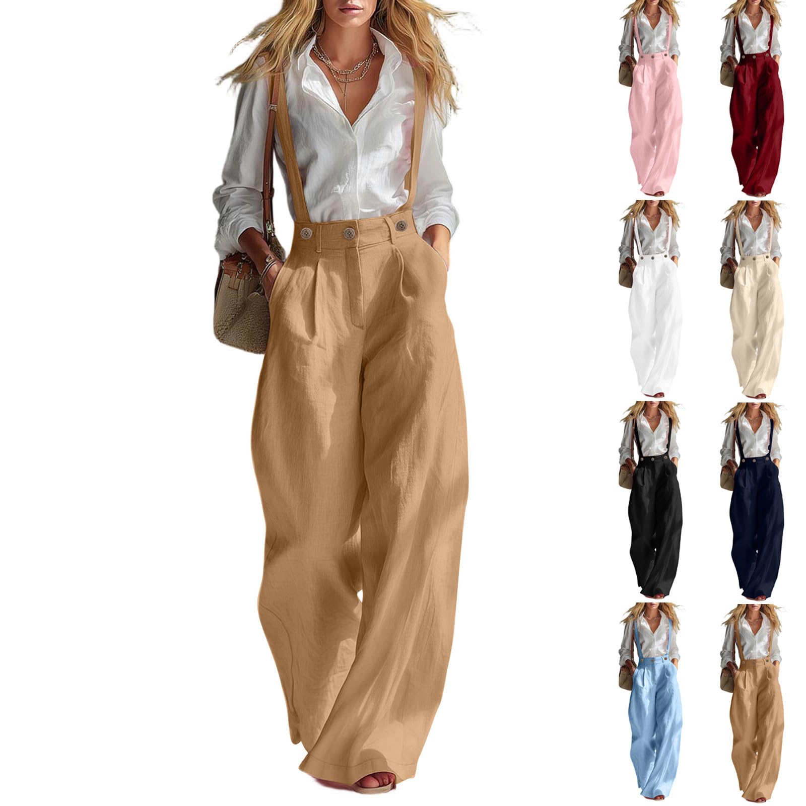 Pantalon décontracté à bretelles pour femmes, pantalon à jambes larges, taille haute, plissé, aspect lin, avec poches, pour le travail, les vacances et le quotidien