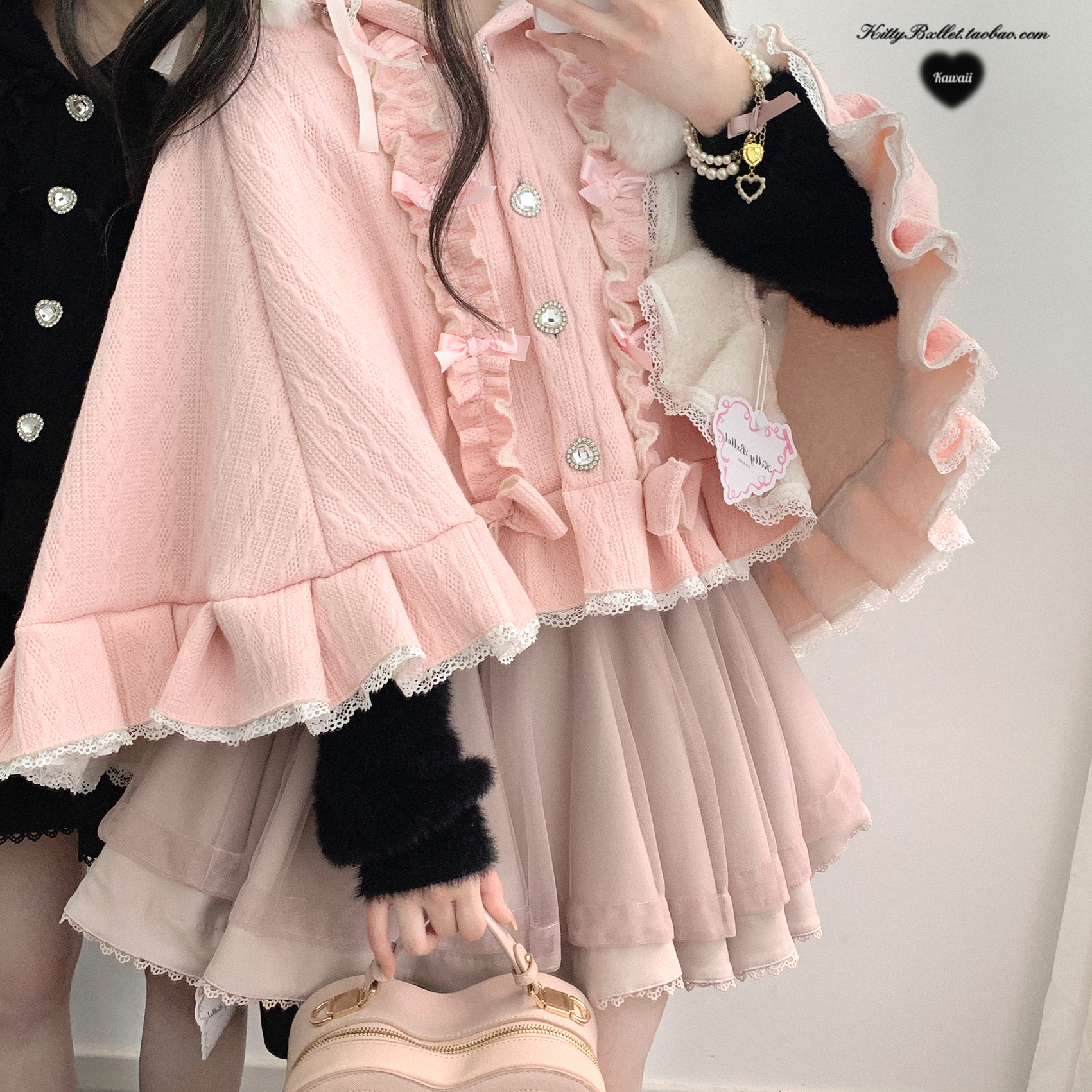 Japonais Lolita doux Kawaii Capes manteau femmes garder au chaud arc volants doux à capuche Ponchos Viange vêtements d'extérieur automne hiver vêtements