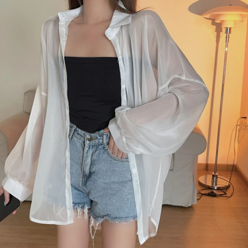 Femmes chemise à manches longues haut chemisier femme en mousseline de soie lâche été Cardigan mince Sexy couleur unie chemise décontractée vêtements d'extérieur loriзрач coi