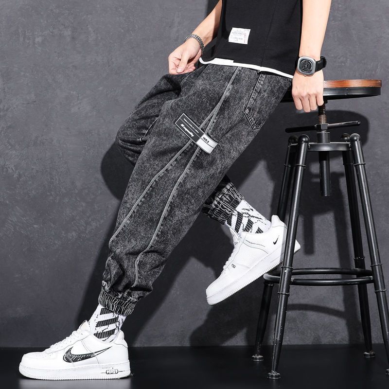 Jean en Denim ample à taille élastique pour hommes, mode décontractée, vêtements de travail de printemps, pantalon noué au pied avec marque, vêtements de travail, Baggy, 2024