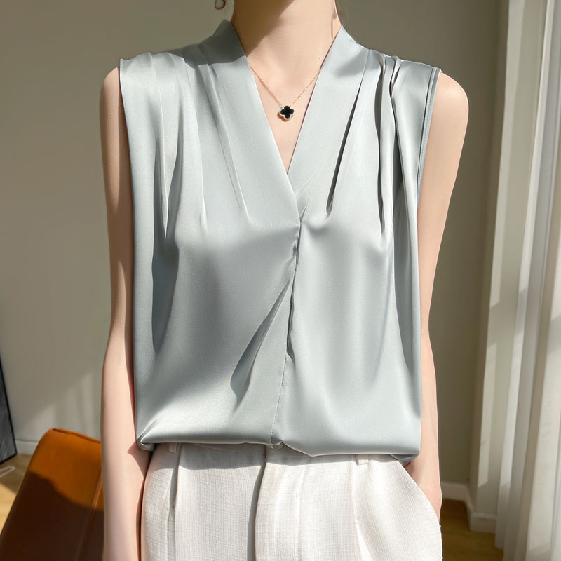 Femmes hauts Blouses couleur unie blanc Satin Blouse bureau chemise Blusas sans manches femmes chemises noir blanc femme YTM A31
