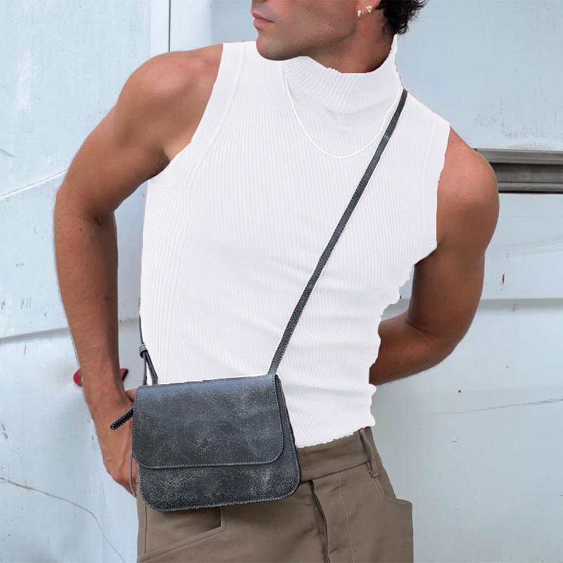 Vêtements pour hommes Sexy maigre couleur unie débardeurs haute Colalr sans manches salle de sport Streetwear loisirs gilets fête chemise de base S-3XL