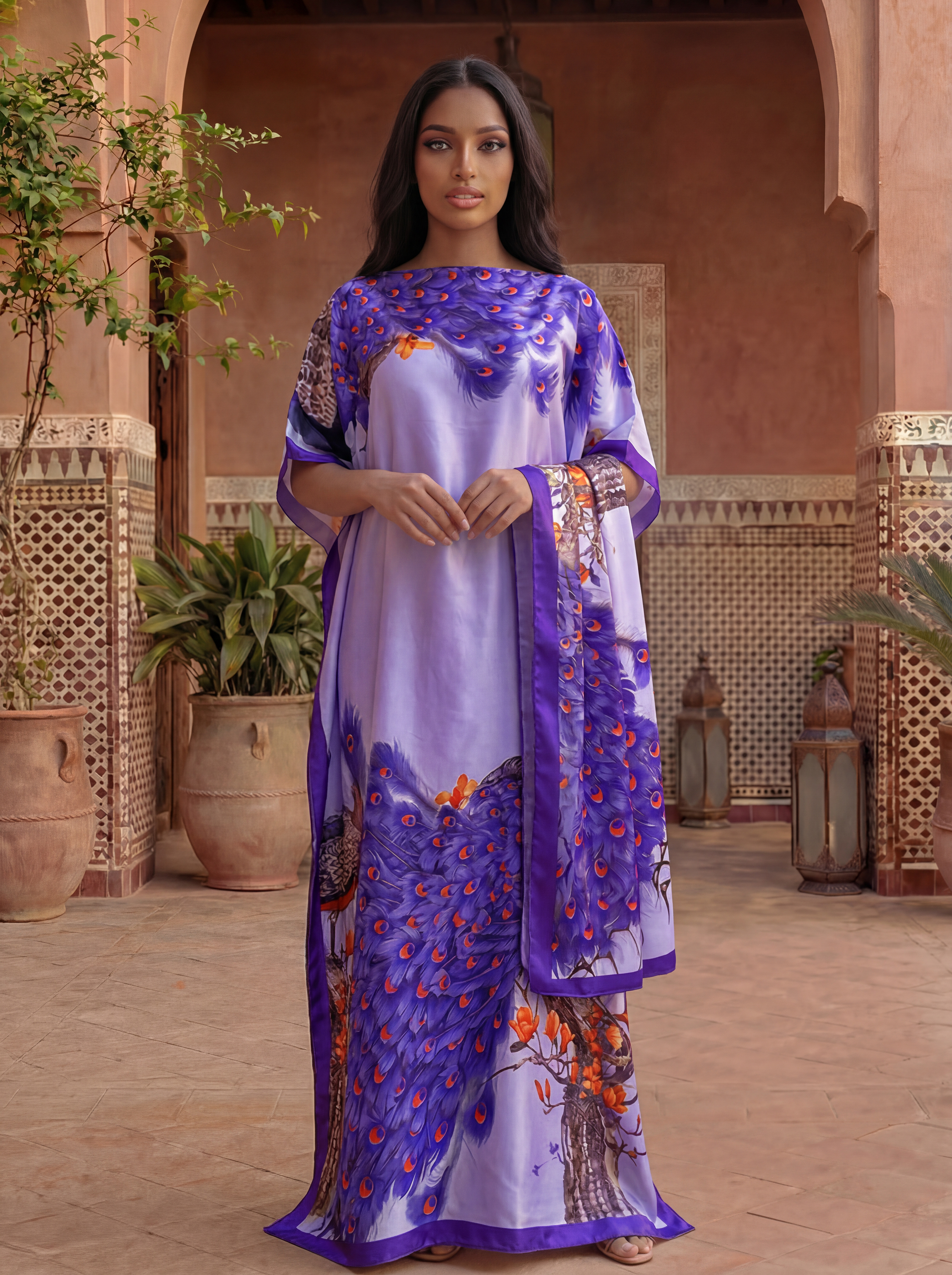 Abaya imprimée style Dubaï avec foulard assorti - Robe maxi kaftan ample à col bateau et manches chauve-souris pour femmes musulmanes