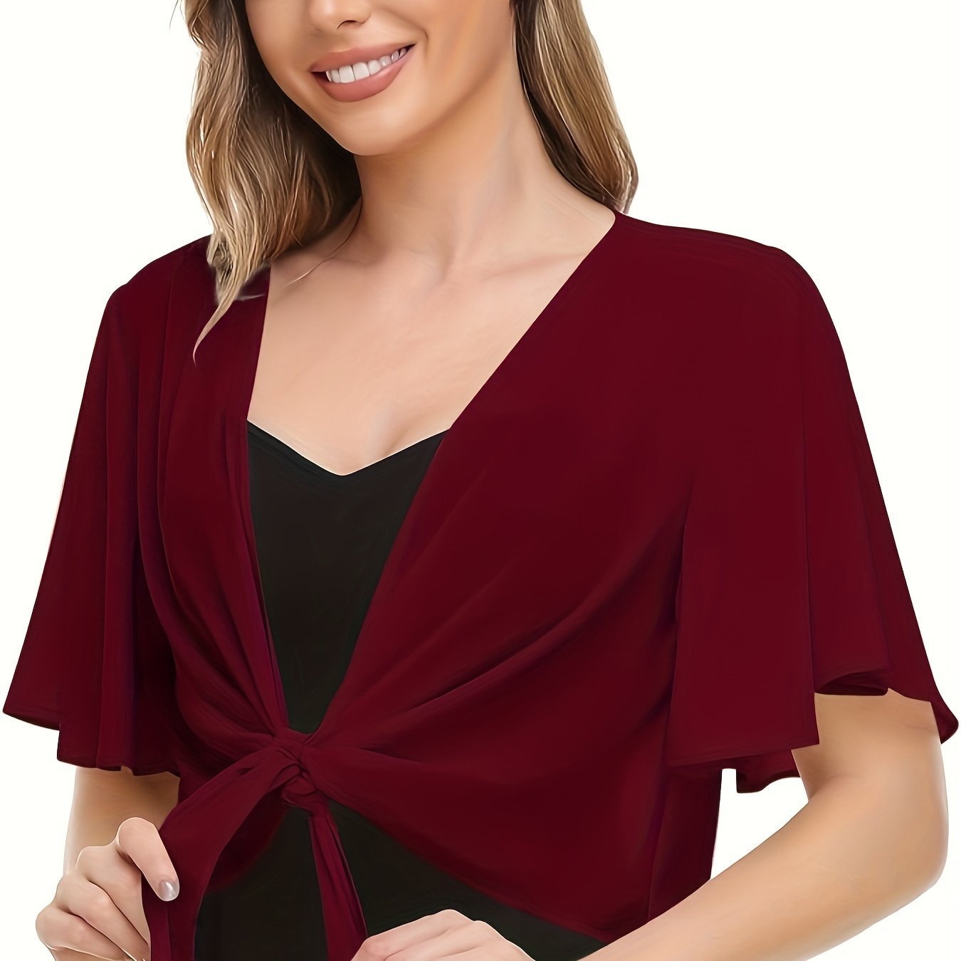 2025 Europe et états-unis nouveau chemisier pour femmes couleur unie cardigan à manches courtes mince cape en mousseline de soie attaché et attaché cape