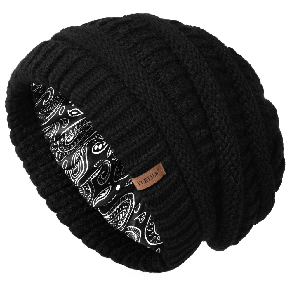FURTALK hiver Satin doublé bonnet chapeau pour femmes câble tricot gros bonnets amples dame Double couche crâne casquette chaude mode