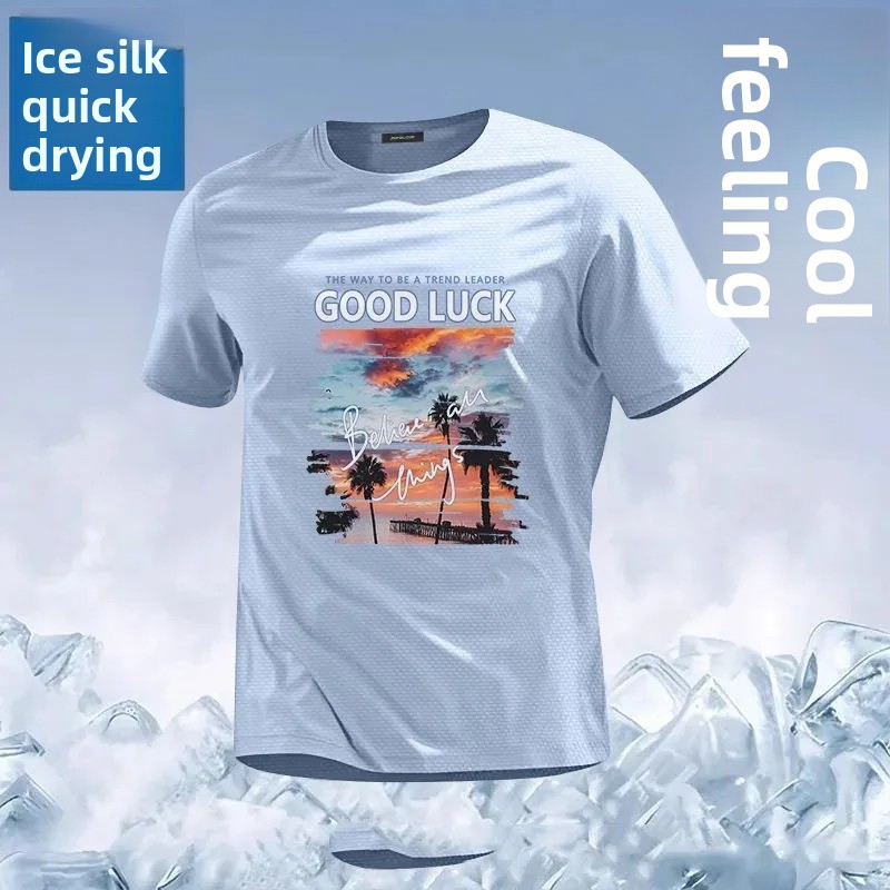 T-shirt décontracté pour homme en soie glacée, coupe ample, manches courtes, dos en maille, respirant et confortable, style été