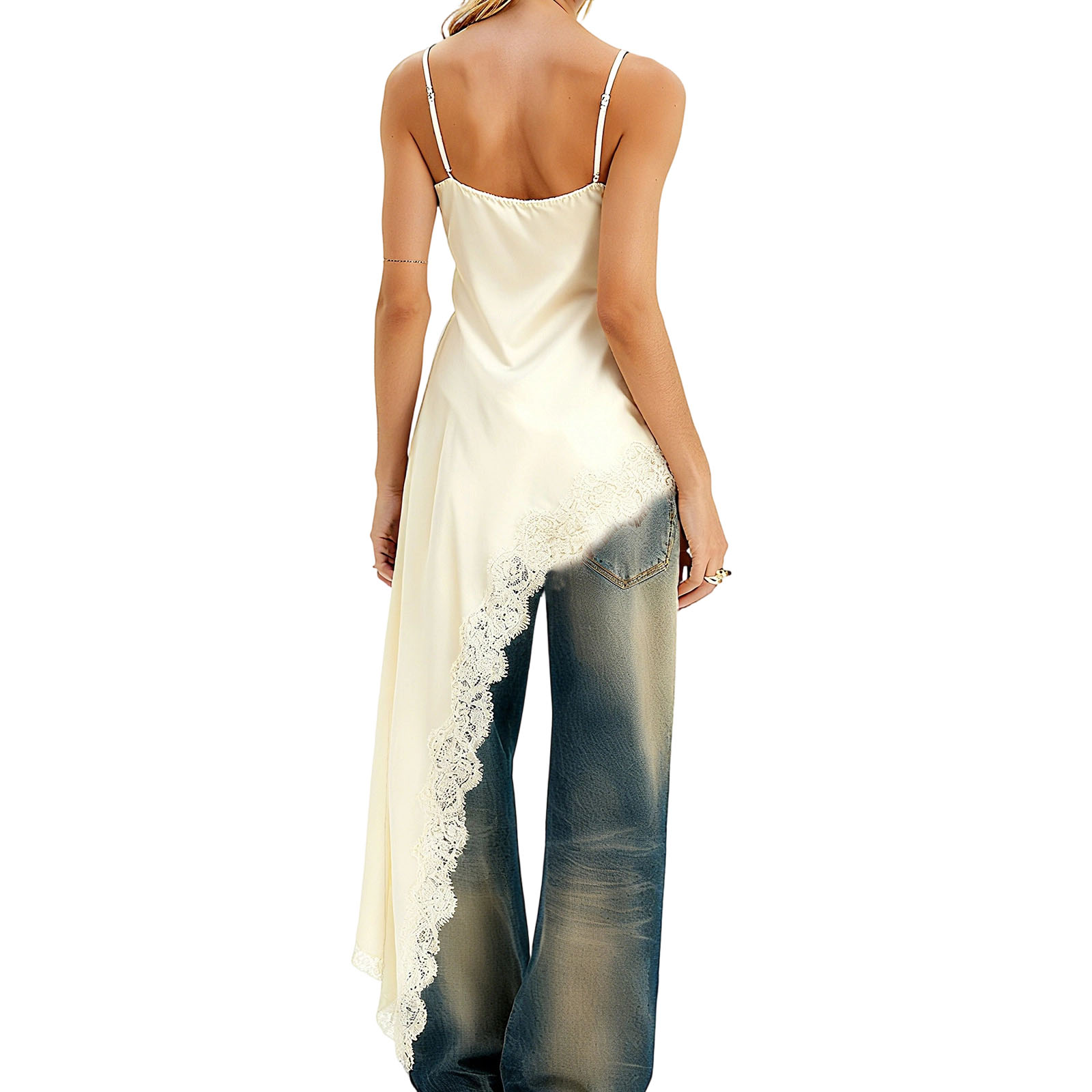 Débardeur Femme Bohème Vintage en Satin avec Dentelle et Patchwork, Bretelles Fines, Dos Nu, Fendu, Sexy, pour Superposition