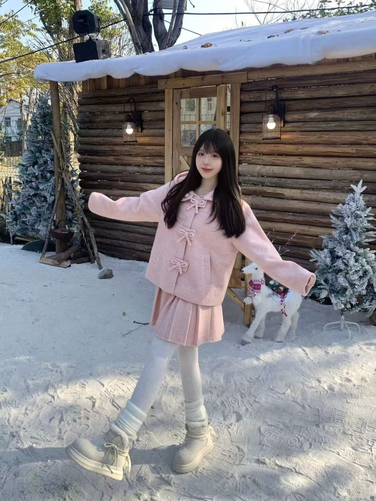 Ensemble 2 pièces en laine rose pour femme, manteau chaud avec nœud + Mini jupe plissée, mode japonaise, tenues de princesse Kawaii, nouvelle collection hiver 2025