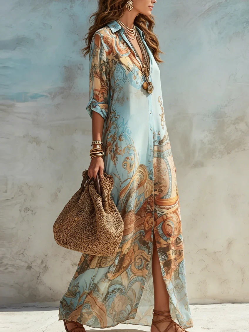 Robe chemise pour femmes en mousseline de soie, imprimé numérique, col rabattu, boutonnage simple, robes fluides, décontractées, style bohème, vêtements d'été