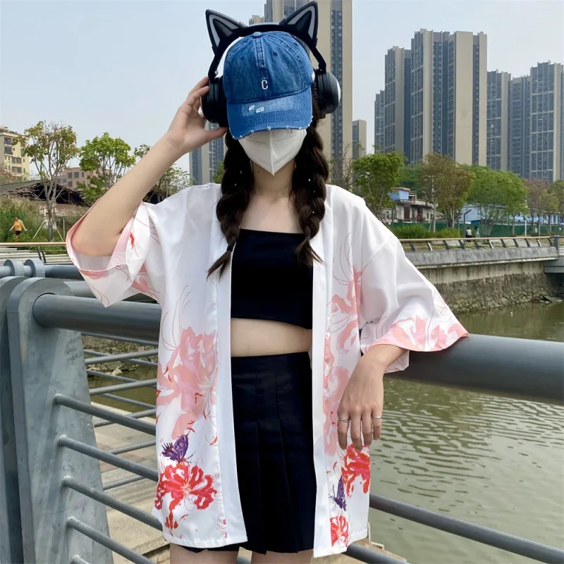 Kimono japonais blanc imprimé fleurs, vêtements traditionnels pour femmes, Haori Obi, ceinture de plage