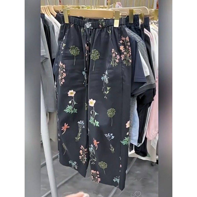 Pantalon décontracté à imprimé floral pour femmes, pantalon d'été fin, ample, à jambes larges, taille haute, longueur neuf points, grande taille, pour femmes courbes