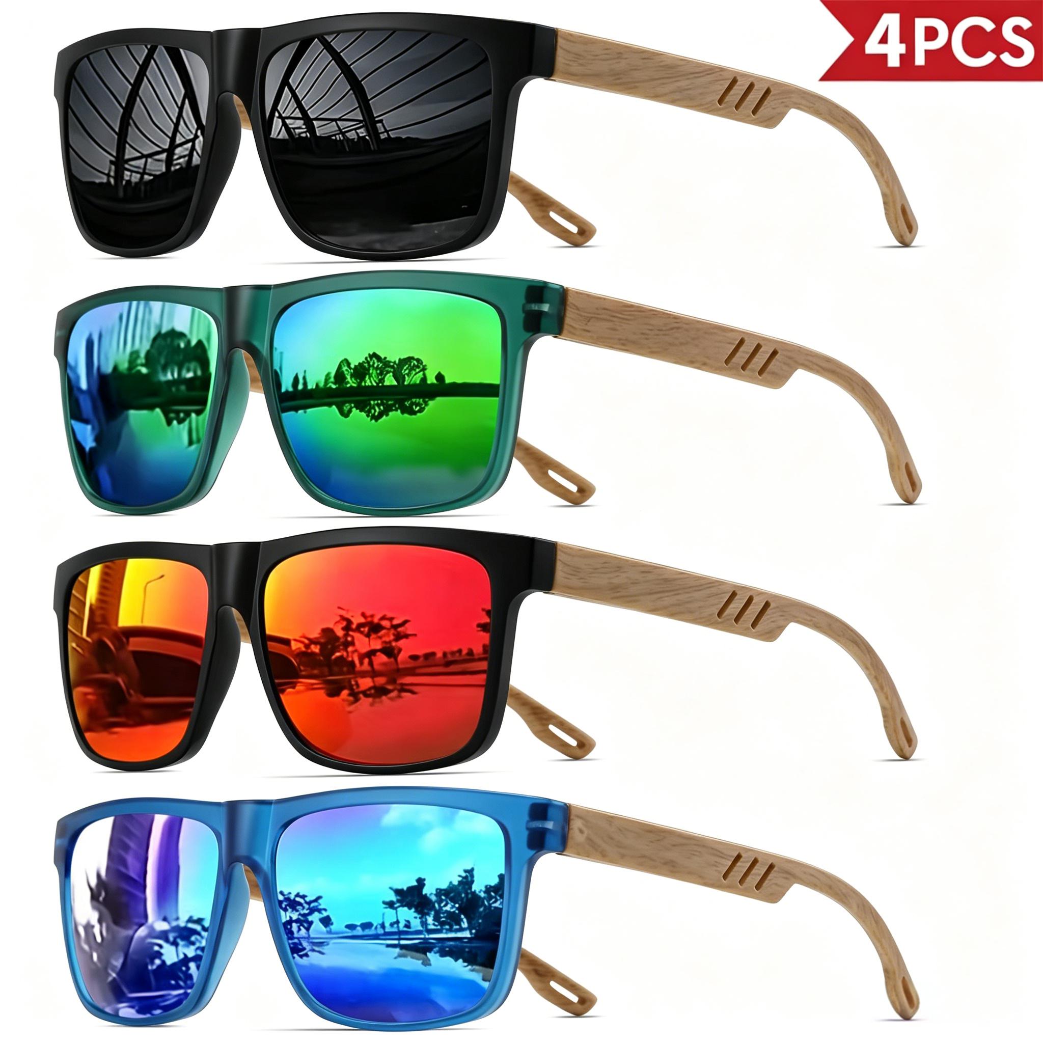 Ensemble de 4 lunettes de soleil style grain de bois – Montures carrées classiques rétro, design confortable unisexe, adaptées à la vie quotidienne et aux activités, style décontracté, lunettes décoratives ordinaires