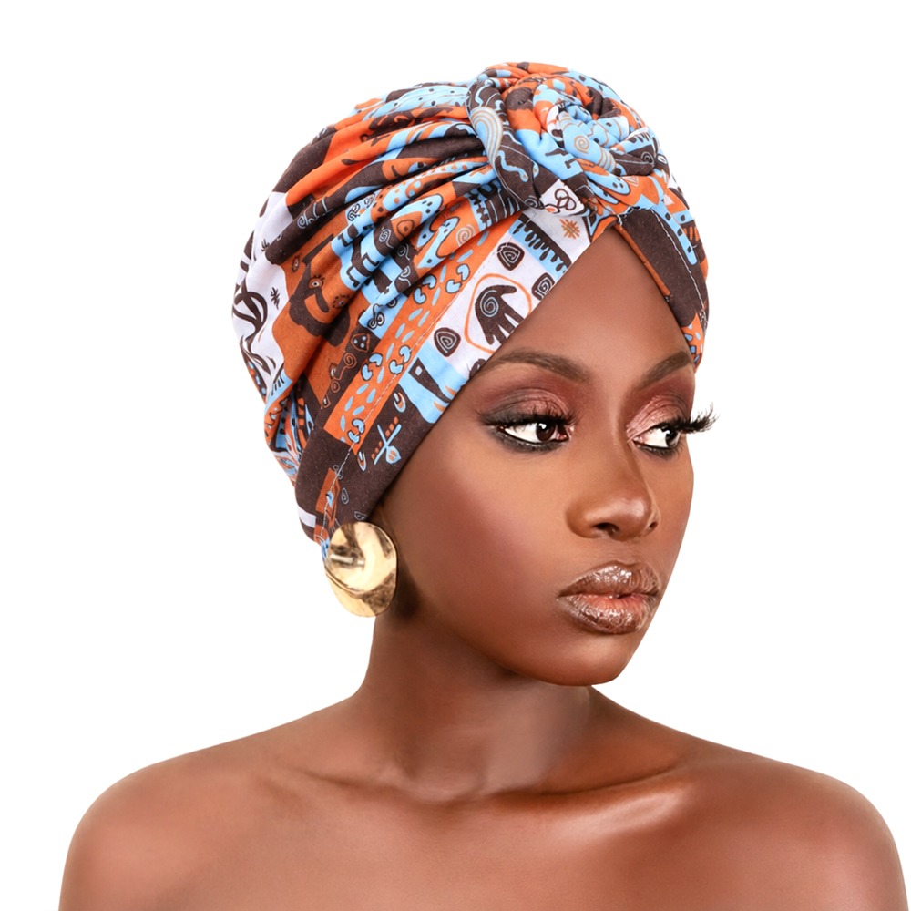 Bonnet Hijab Plissé Style Nœud Torsadé Imprimé Africain Tendance, Turban Élastique Respirant, Foulard Polyvalent Décoratif