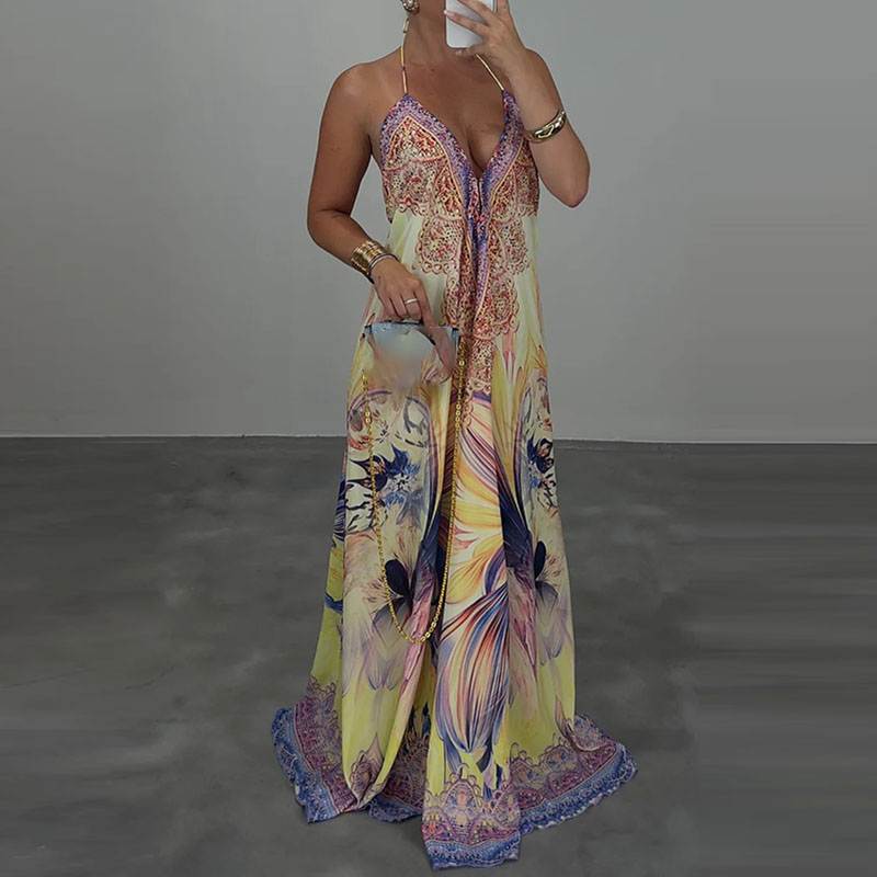 Robe de soirée décontractée, taille haute, Sexy, col en v, dos nu, sans manches, Robes de vacances, élégante, imprimée bohème, ample, pour femmes
