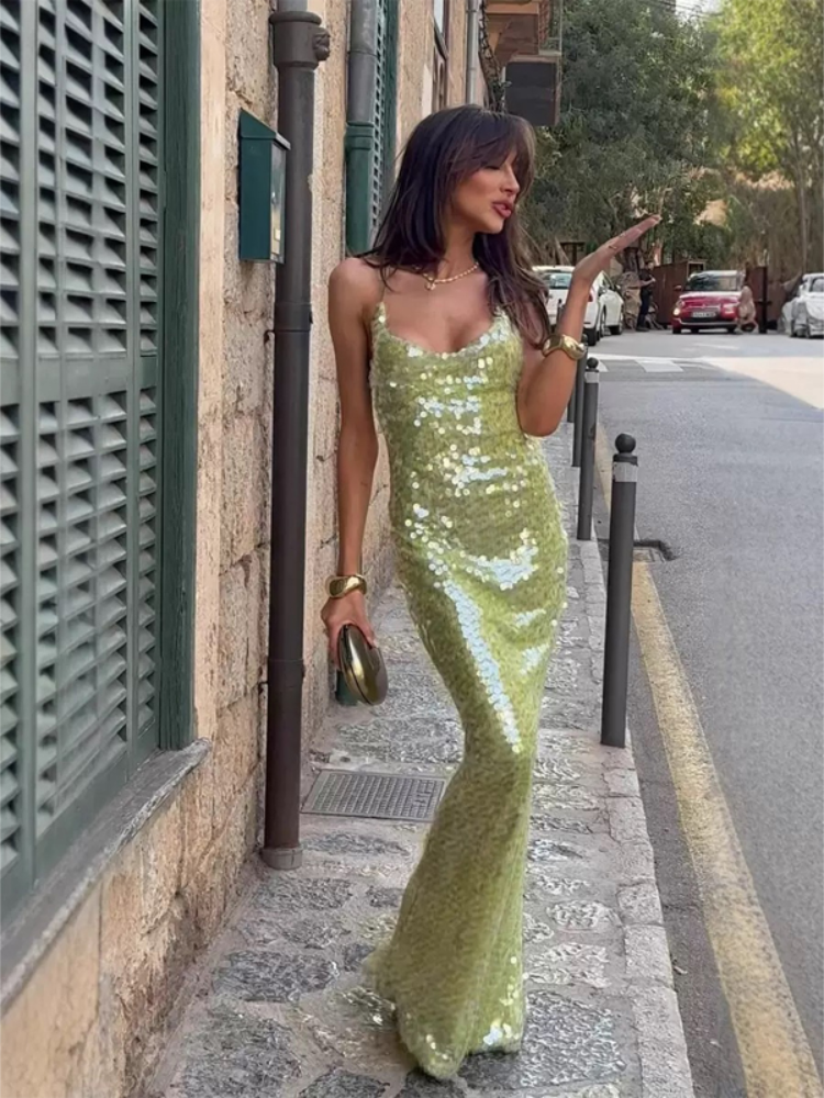 Robe longue sirène moulante à sequins pour femme, sexy, col U profond, sans manches, dos nu, tenue de soirée élégante pour club et fête