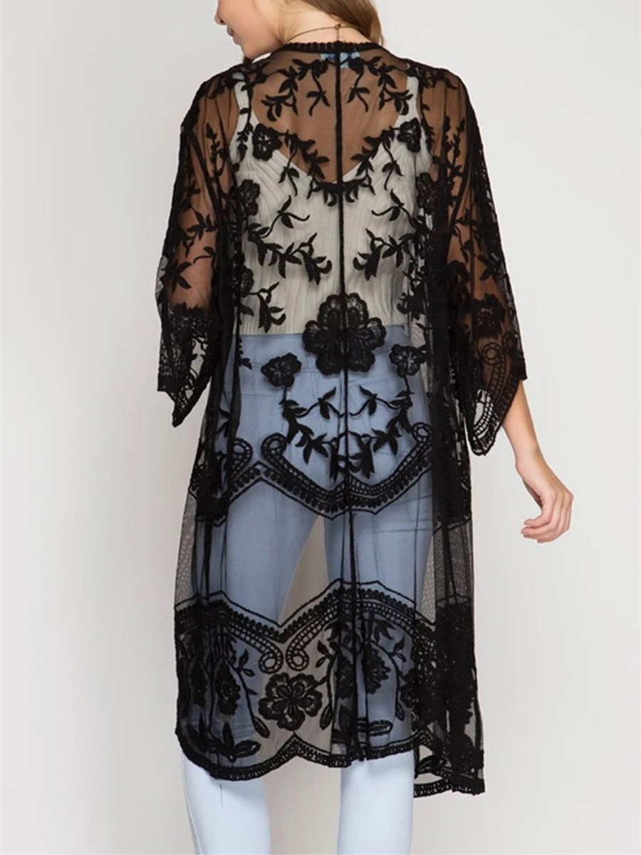 Robe de plage transparente brodée de fleurs pour femmes, cardigan uni, couverture de document, manches 3/4, vêtements de plage, vacances d'été
