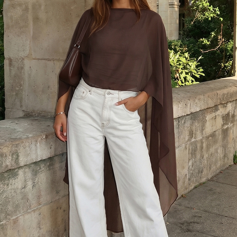 Châle et cape en maille transparente pour femme, en mousseline, longue, asymétrique, fluide, poncho, pour mariée, mariage, soirée, couvre-vent fluide