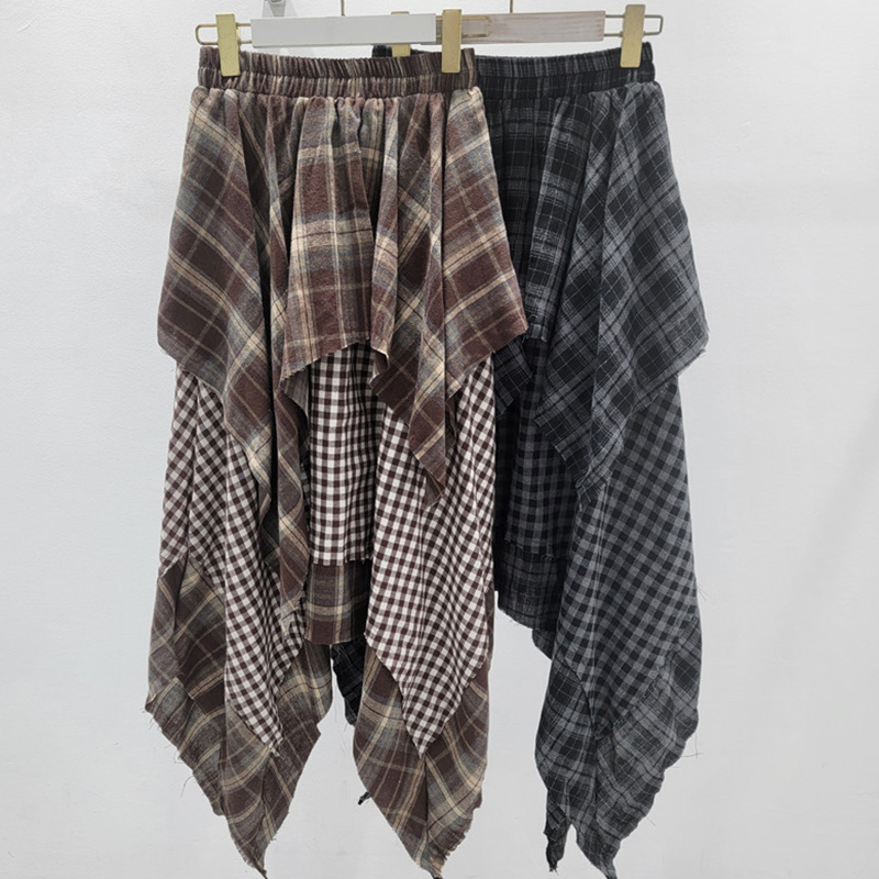 DEAT mode nouveaux articles irrégulier Plaid Patchwork plissé a-ligne jupes pour les femmes taille haute élastique mi-longue jupe 11A06244