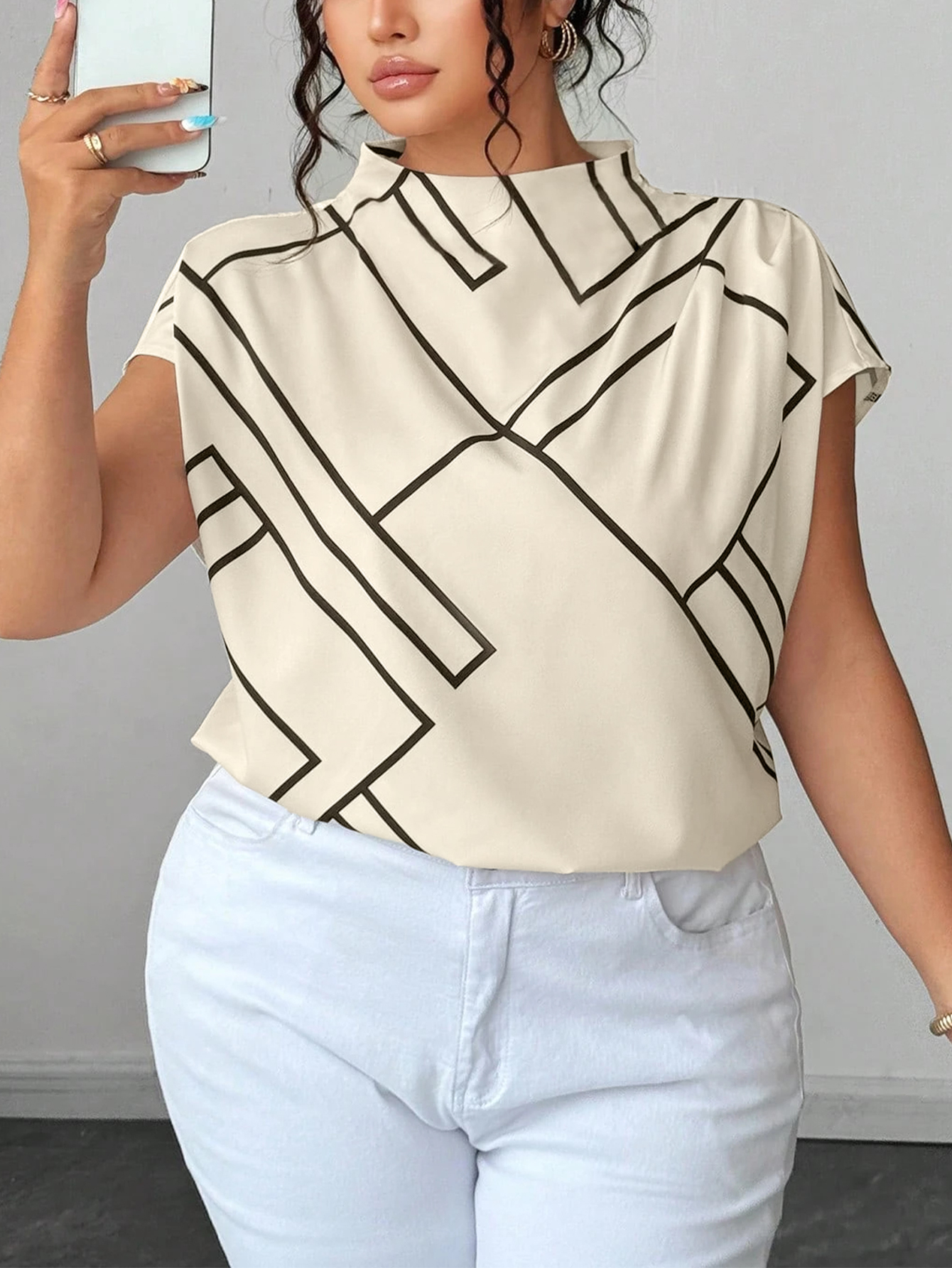 Chemisier grande taille pour femmes, col montant, imprimé géométrique, coupe ample, élégant, effet satiné, idéal pour le travail, les affaires et les occasions quotidiennes.