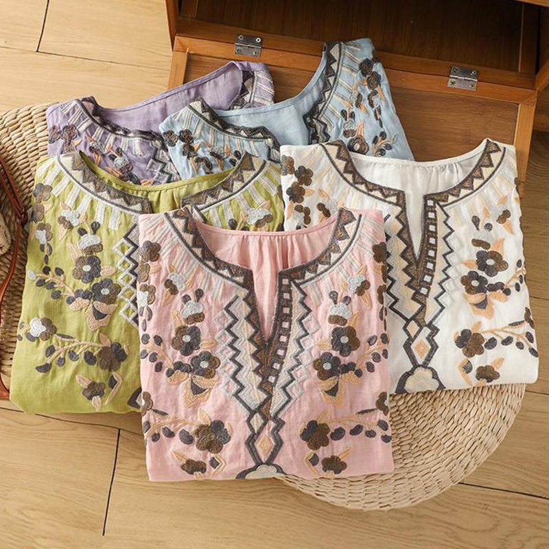 Chemisier en lin et coton brodé style ethnique pour femme, décontracté d'été, ample, manches 3/4, col en V, motif floral bohème, hauts pour le quotidien