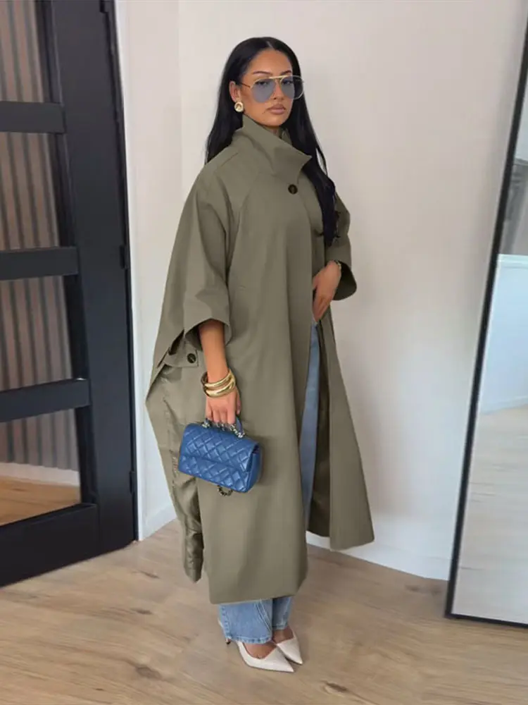 Manteau long trench-coat kaki à col montant pour femme, coupe ample, bouton unique, manches mi-longues, fente latérale, coupe-vent, 20260, vêtements d'extérieur automne pour femme