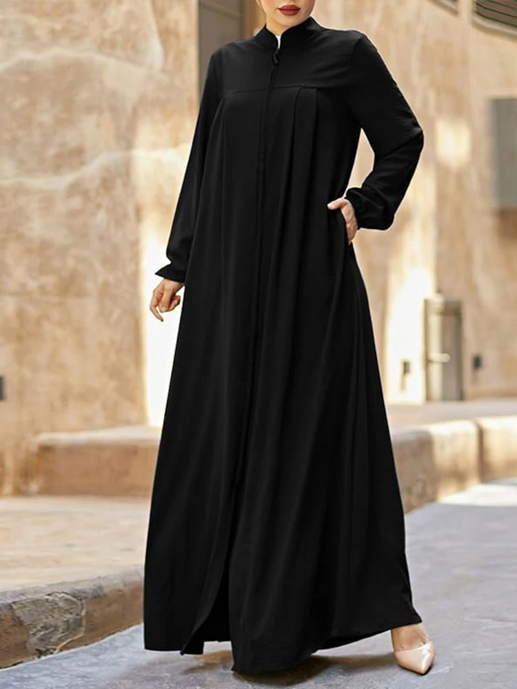Robe noire musulmane avec petit col montant et poches zippées, élégante, ample et décontractée, à manches longues