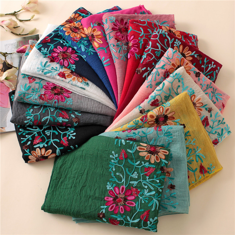 Châle en Viscose à fleurs brodées unies, écharpe en coton imprimé Bandana indien, Foulard doux, casquette Hijab musulmane, 2026
