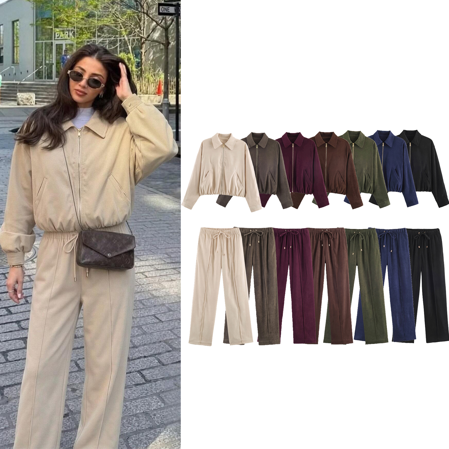 Ensemble pantalon décontracté pour femme, printemps-automne, élégant, style urbain, veste ample à revers avec fermeture éclair et pantalon à cordon de serrage, tailleur féminin