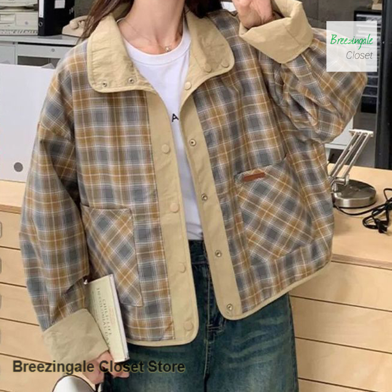 Manteau court coréen à deux faces pour femme, nouvelle collection printemps-automne, style décontracté, coupe ample, motif écossais, veste polyvalente.