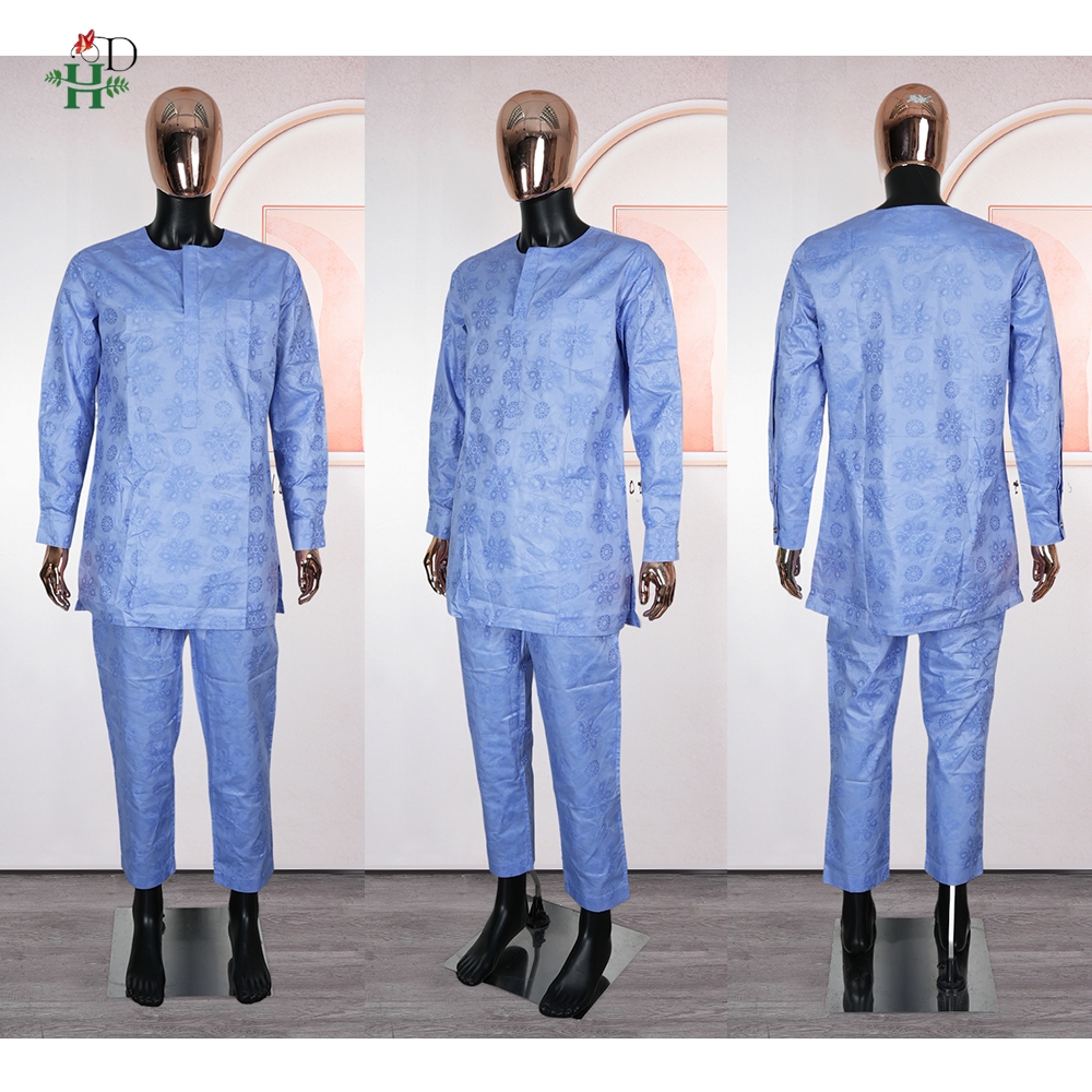 Vêtements africains broderie robe bleue grande taille pour hommes élégant fête de mariage Thobe 3 PC haut et pantalon costumes ensemble usage quotidien 2025
