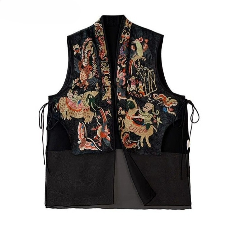 Style chinois femmes gilet manteaux Patchwork gaze broderie gilet 2025 Ropa Mujer Vintage réservoirs amples vestes surdimensionné hauts