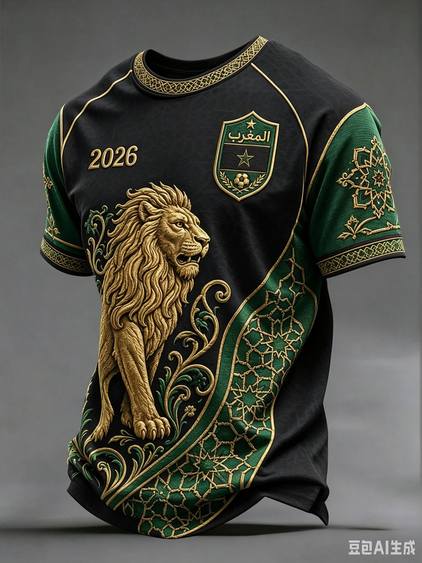 Maillot de football Maroc 2026 avec emblème Lion, broderie mosaïque marocaine complexe, écusson, coloris rouge-vert, garniture ornée, respirant